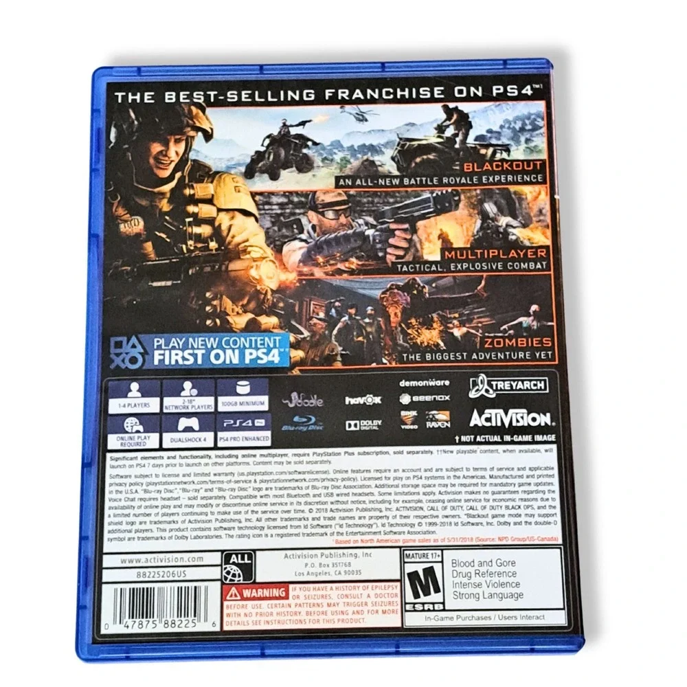 Activision Call of Duty Black Ops 4 Video Game PS4 Blue First Person Shooter FPS